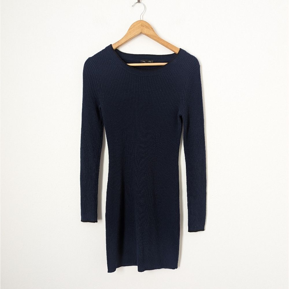 Rag & Bone navy blue black trim 100% cashmere ribbed knit long sleeve dress